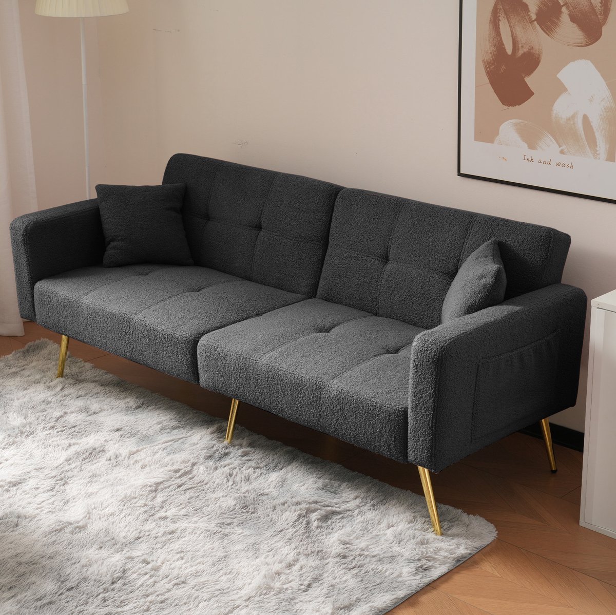 COVREO Slaapbank 175 x 64 x 72 cm - donkergrijs sherpa, verstelbare rugleuning, zijvakken