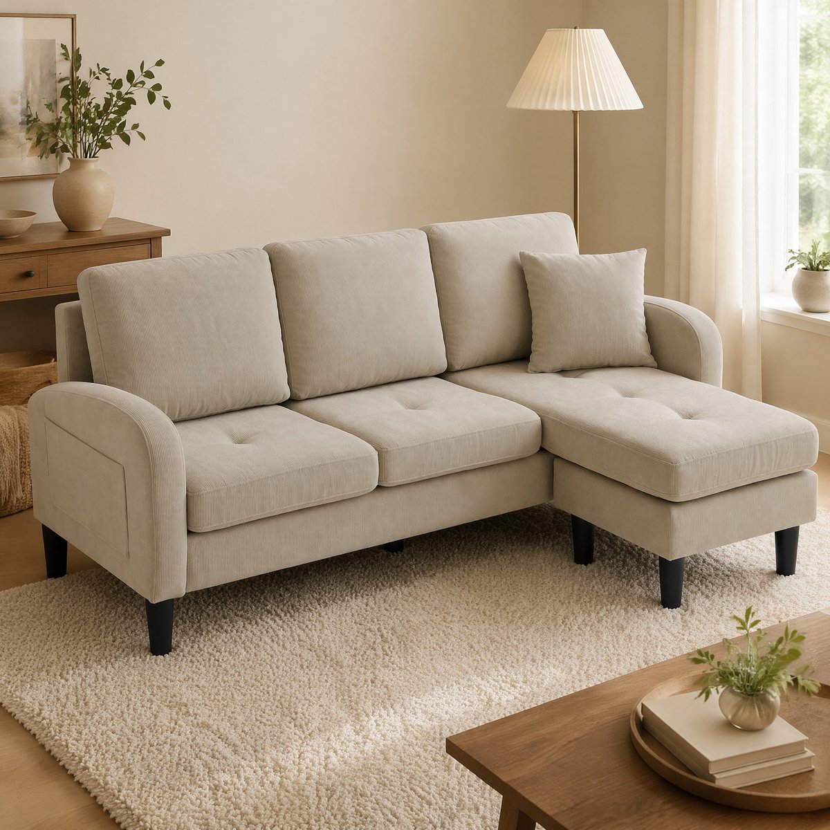 COVREO Hoekbank 166 x 118 x 77 cm - 3-zits, cordstof, modulair, beige
