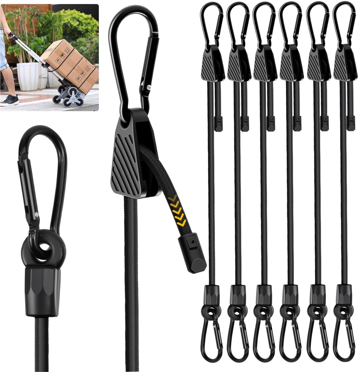 SnelShoppen - Elastische Spanbanden met Karabijnhaak 100 cm - 6 Stuks UV-bestendig Sandow met Verstelbare Haken voor Camping, Dekzeilen, Tent, Bagage,