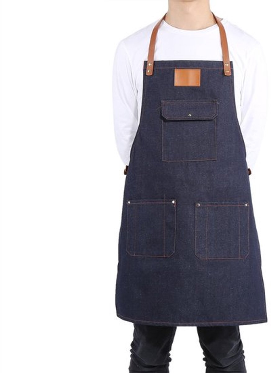 Robuust Keuken Schort - Verstelbare Leren Band - Blauw - 3 vakken BBQ-chefschort
