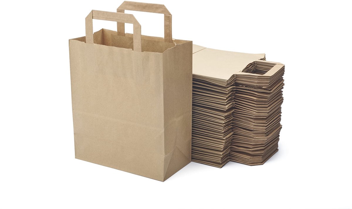 Dailygoods - 50 Stuks Bruine Boodschappentassen van Kraftpapier met Platte Handgrepen (21 x 11 x 25 cm)