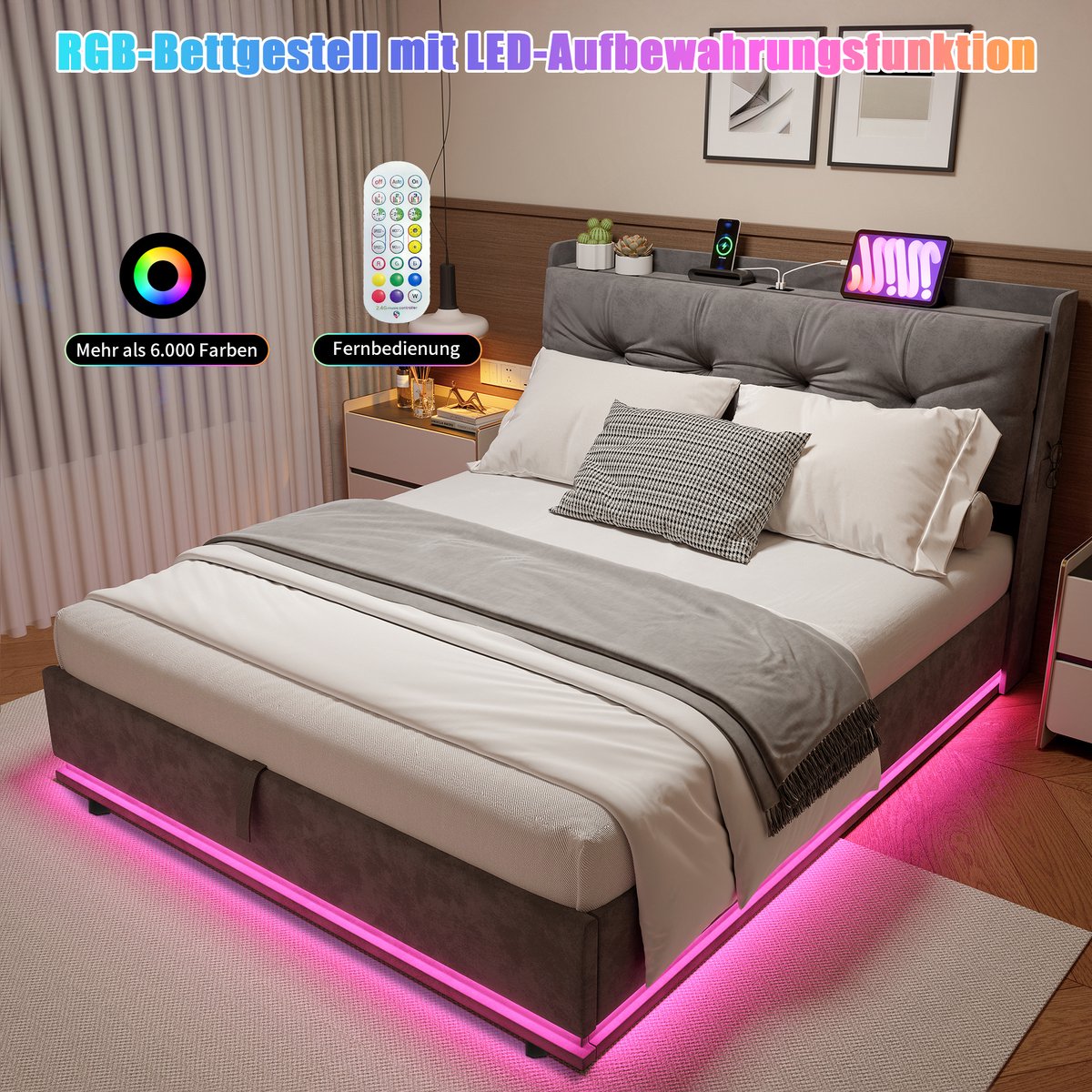 Tweepersoonsbed 160x200 cm, volwassen bed met led verlichting en zijvakken, gestoffeerd bed met hoofdbord, fluwelen bedframe grijs, zonder matras