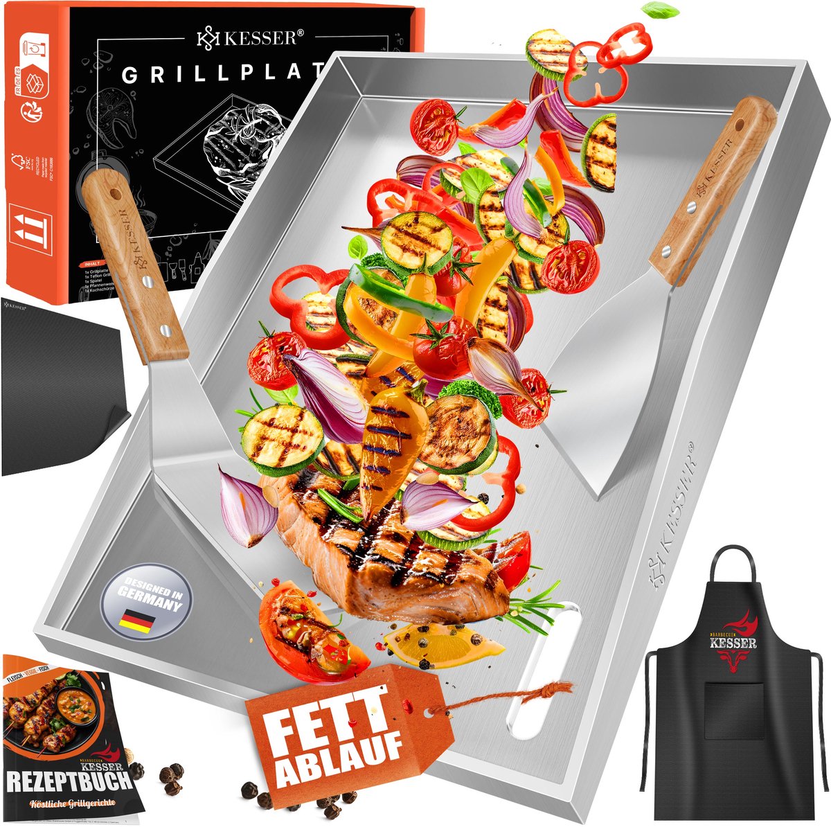 KESSER® Grillplaat Plancha 40x30cm RVS met Vetafvoer en Accessoires