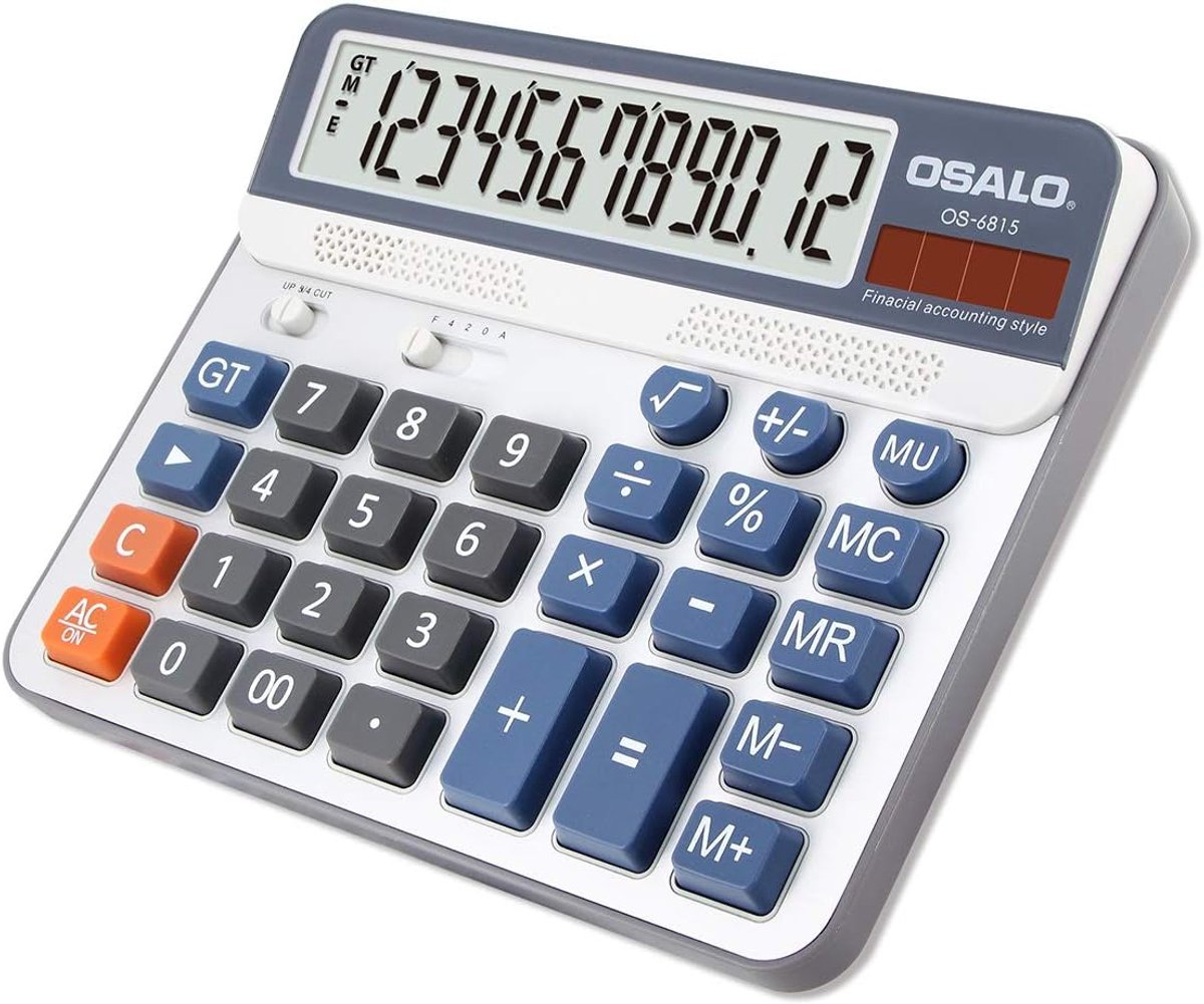 SnelShoppen - Rekenmachine 12-cijferige LCD-display, op zonne-energie, grote toetsen, ideaal voor kantoor, school, thuisgebruik, zwart