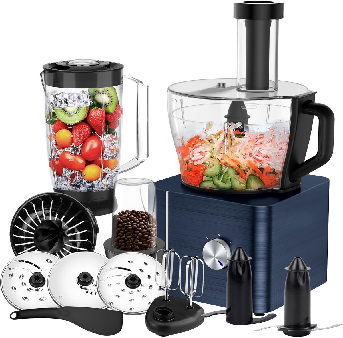 SnelShoppen - Keukenmachine 1100W Foodprocessor met 3,2L Mengkom, Deegkneder, Hakmolen en 1,5L Mixer in Donkerblauw - Ideaal voor Koken en Bakken in d