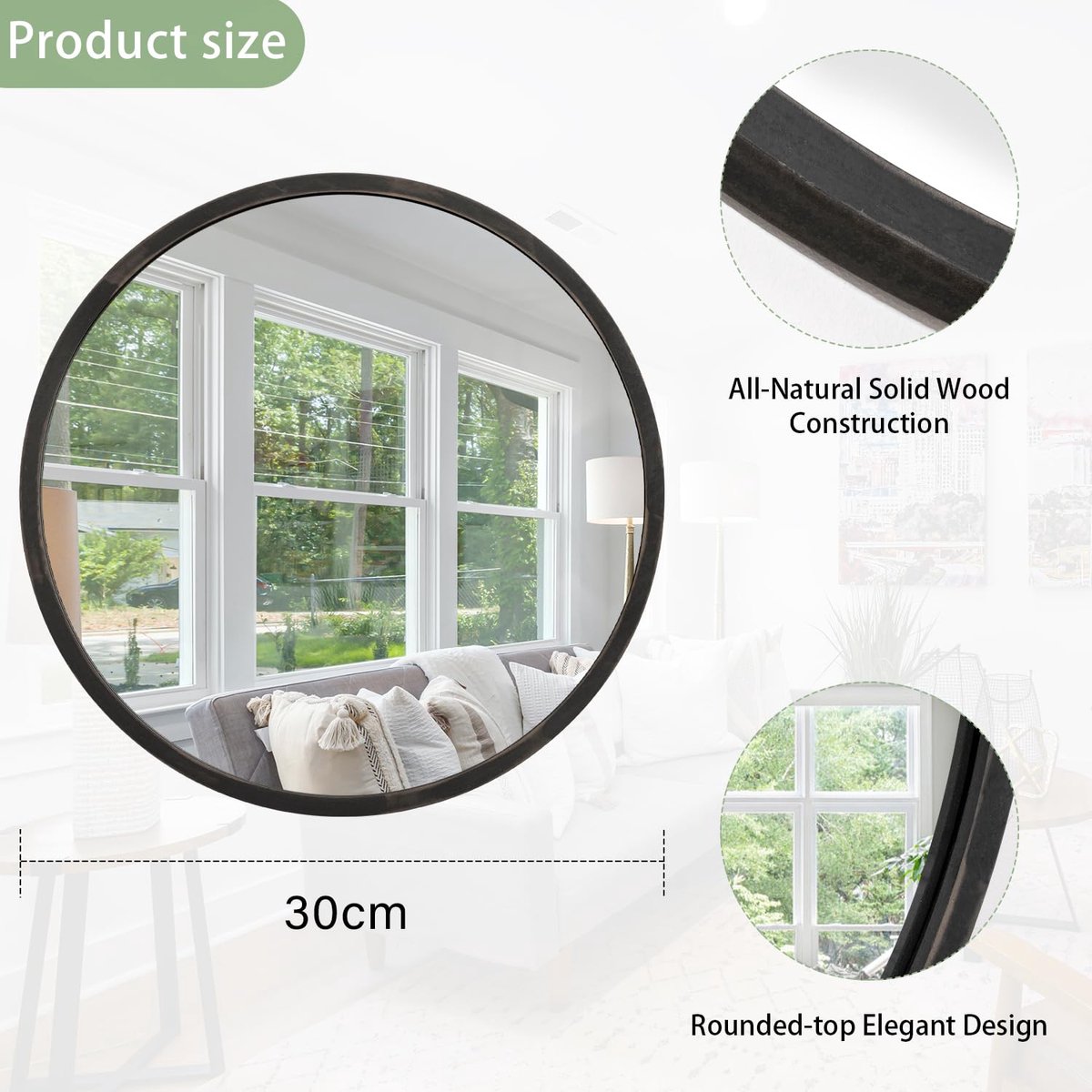 SnelShoppen - Ronde Wandspiegel 30CM met Vintage Houten Frame - Zwarte Badkamer Spiegel voor Woonkamer, Slaapkamer, Slaapzaal en Wasruimte