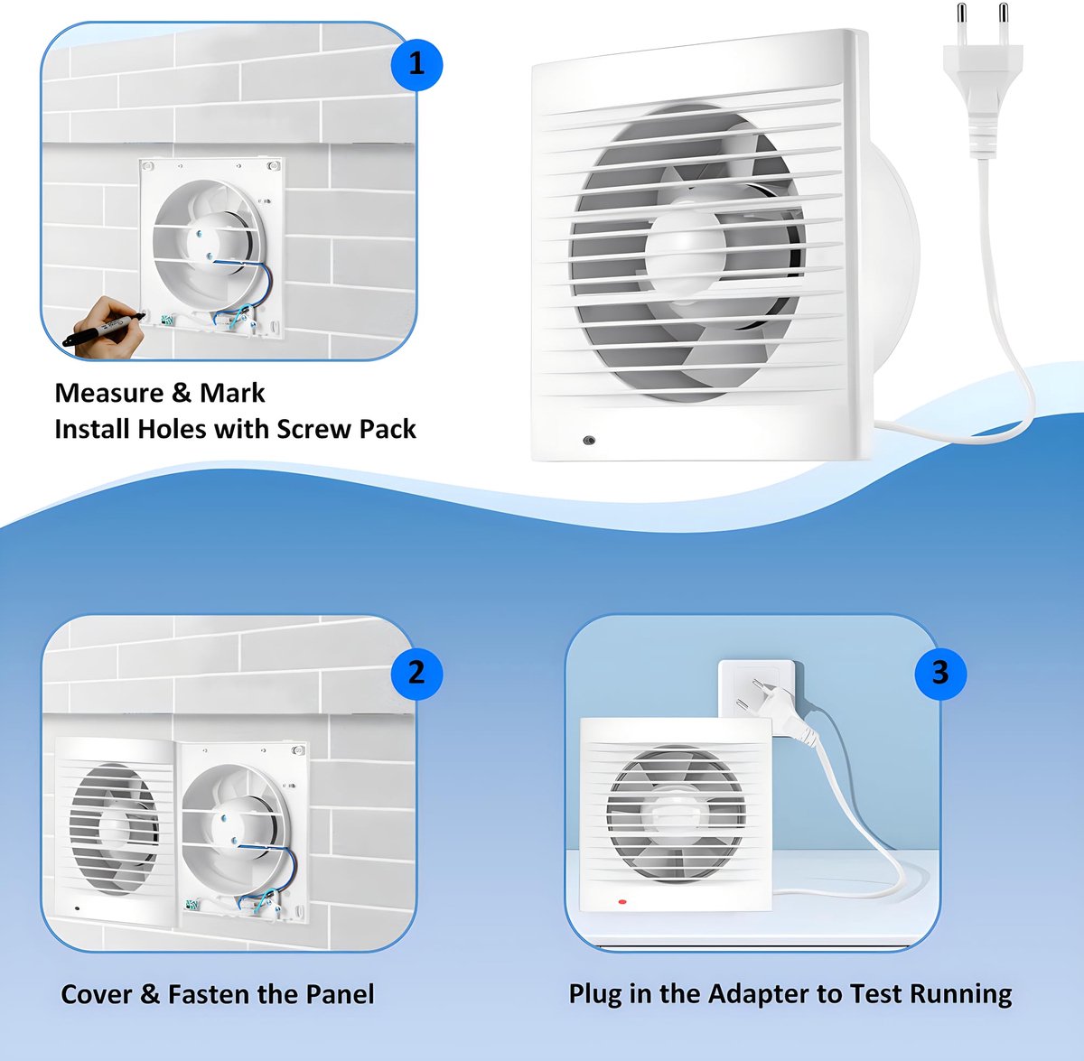 SnelShoppen - Afvoerventilator Keuken 120mm - 160 m³/uur - IPX2 Waterdicht Badkamerventilator met Terugslagklep - 1m EU Netsnoer voor Badkamer en Toil