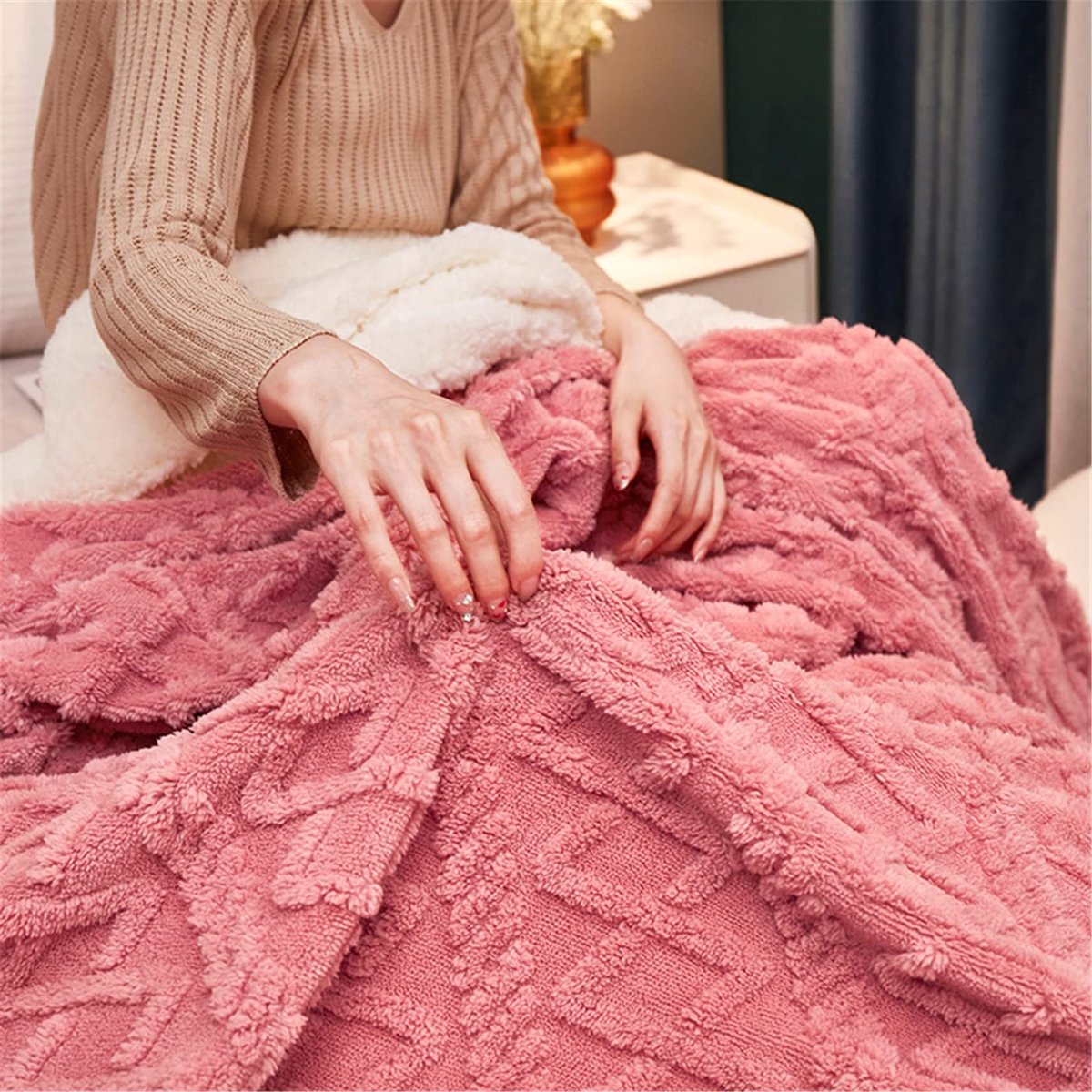 SnelShoppen - Wollige sherpa-knuffeldeken, superzachte fleecedeken als bankdeken, sprei of woondeken, roze, 200 x 230 cm, perfect voor thuis, feest, o