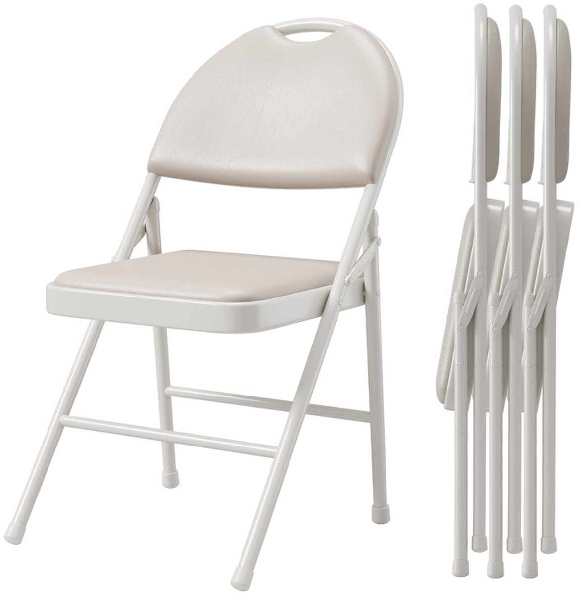 Triumpunpre Set van 4 Klapstoelen - Hoge Rug Vouwstoelen met PU Leren Zitting en Schuimvulling - Inklapbare Eetkamerstoelen voor Binnen, Buiten, Feest, Bruiloft - Metaal - Beige