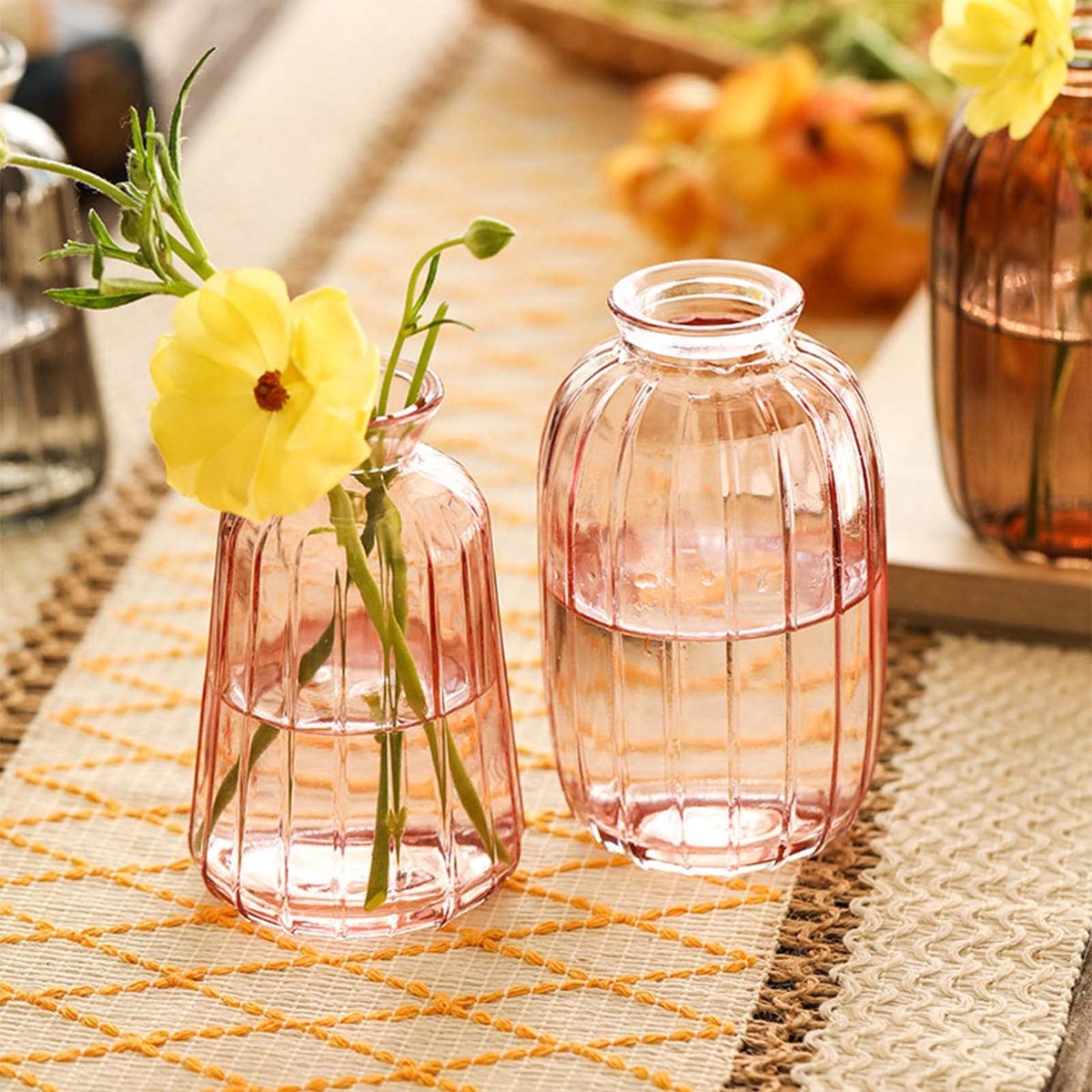 SnelShoppen - Set van 3 Glazen Bloemenvazen Decoratief Transparant voor Tafeldecoratie, Bruiloft, Champetter, Bohemian Doop, Verjaardag, Moederdag (Ro