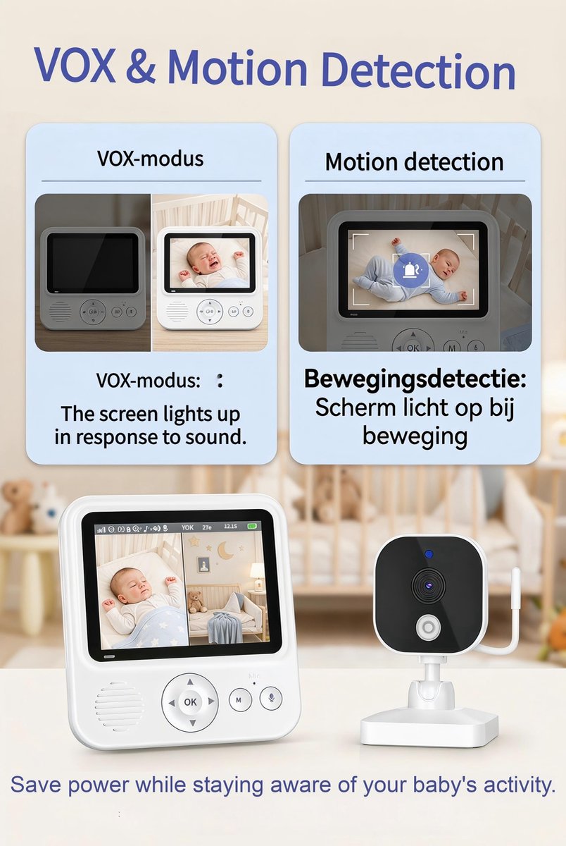 SnelShoppen - Babyfoon VOX 96H Baby Monitor 2.8” IPS 720P Zonder WiFi - Draadloze Baby Monitor met Nachtzicht, Geluidsactivatie en Compact Design voor