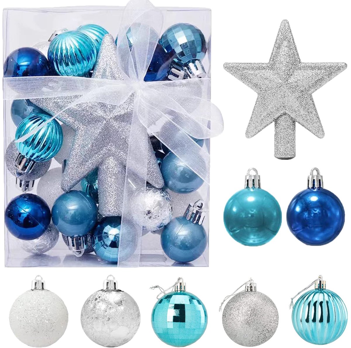 Dailygoods - 30 Mini Kerstballen Set in Blauw en Zilver - Decoratie voor Tafeldecoratie