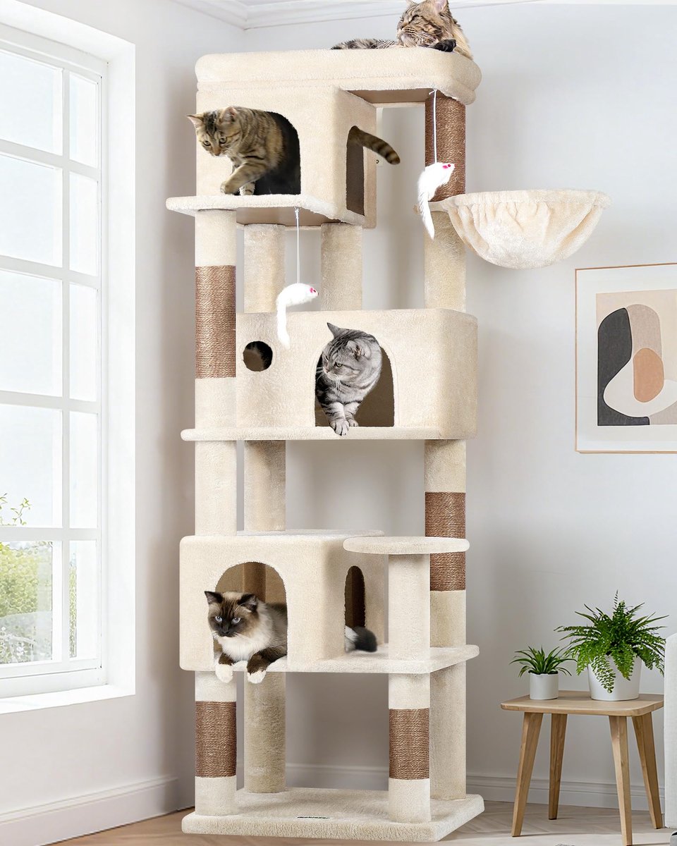 SnelShoppen - Globlazer Kattenboom Beige Hoek Hoog 168 cm met 3 Kattenhuizen, Grote Gevoerde Platforms, 5 Krabpalen, Zacht Mandje en Pluche Speelgoed