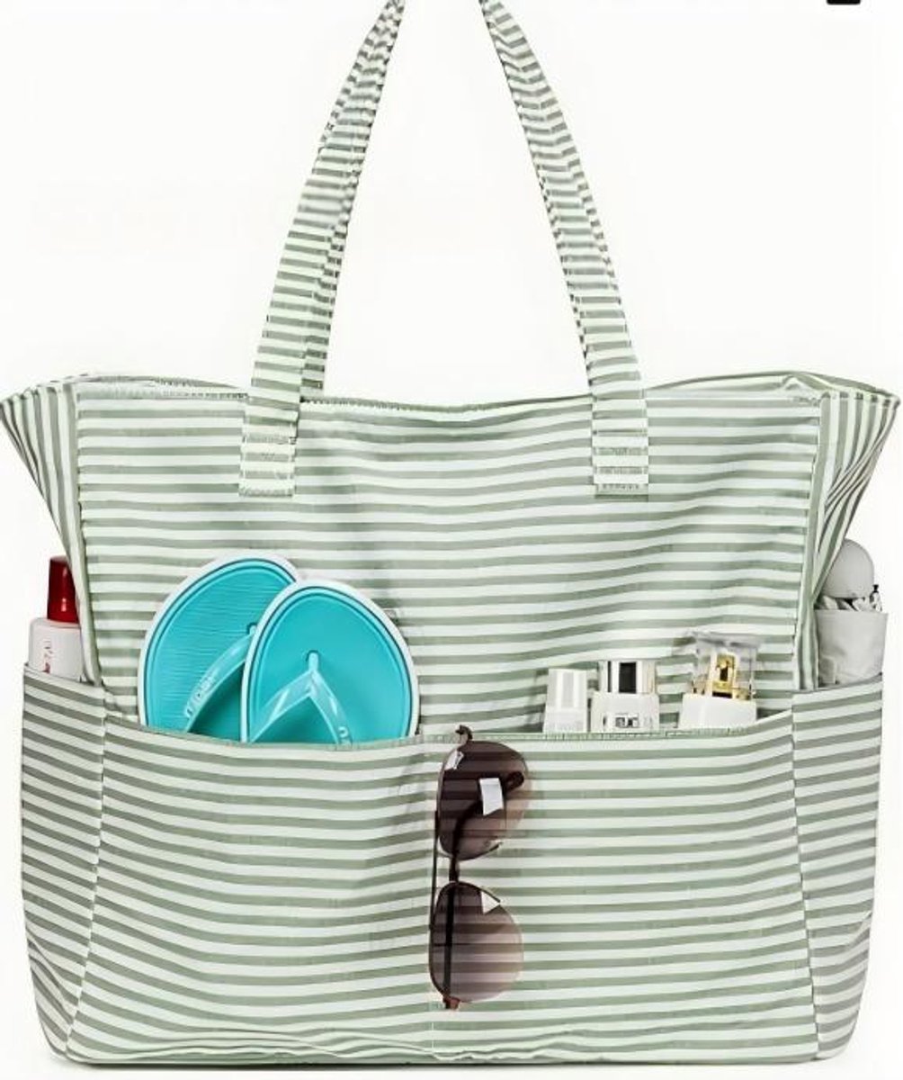 Extra grote strandtas voor dames, extra grote opvouwbare strandtas van mesh met ritssluiting en groot vak, geschikt voor strand, reizen, de sportschool en het zwembad,Groene krijtstrepen