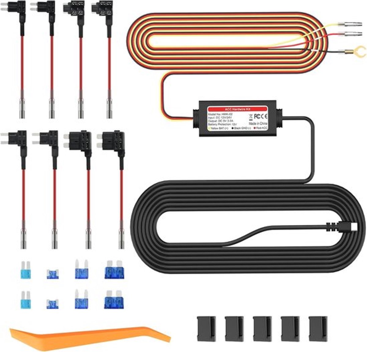 SnelShoppen - Dash-Cam Hardwire Kit USB-C met LED Display, 12V-30V naar 5V/3A Spanning Converter, 24 Uur Bewakingsmodus, Laag Voltage Bescherming voor