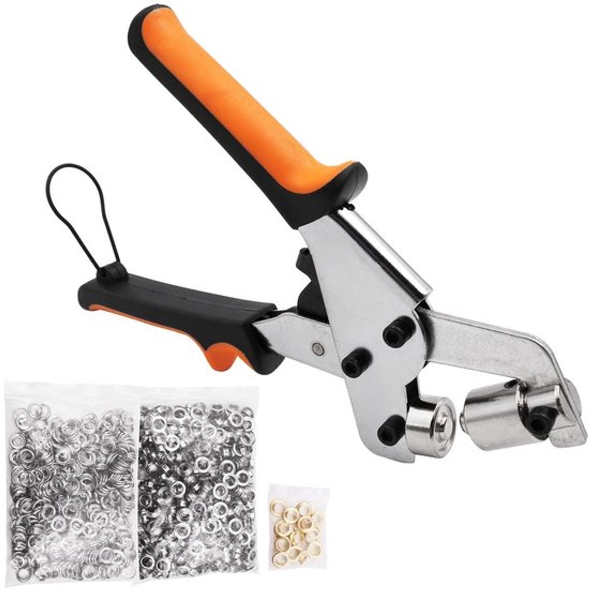 Oogjes Tang Grommet Kit + Handpers Machine - Met 500 Stuks Zilveren Grommets - 10.5mm - Voor Riemen Ambachten Poster - Draagbaar - Rubber Geschikt - Zilver.