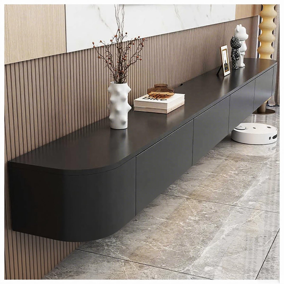 Famanu – Moderne zwevende TV standaard, TV meubel van 140 cm, wandgemonteerde TV kast met twee lades, zwart