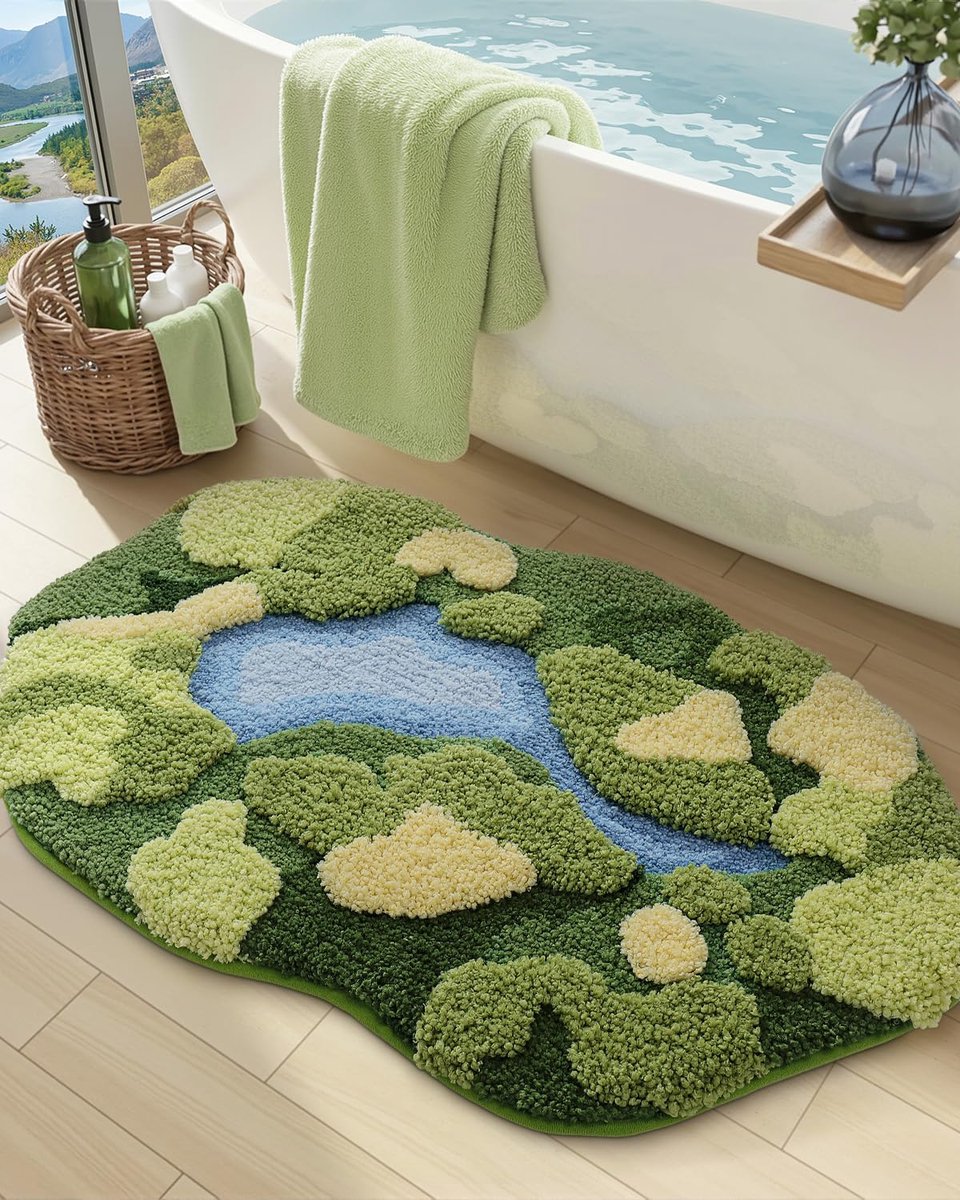Famanu – Badmat mosgroen, ultradik en zacht, waterabsorberend en antislip, microvezelmat voor douchevloer, wastafel en slaapkamer, 51 x 81 cm