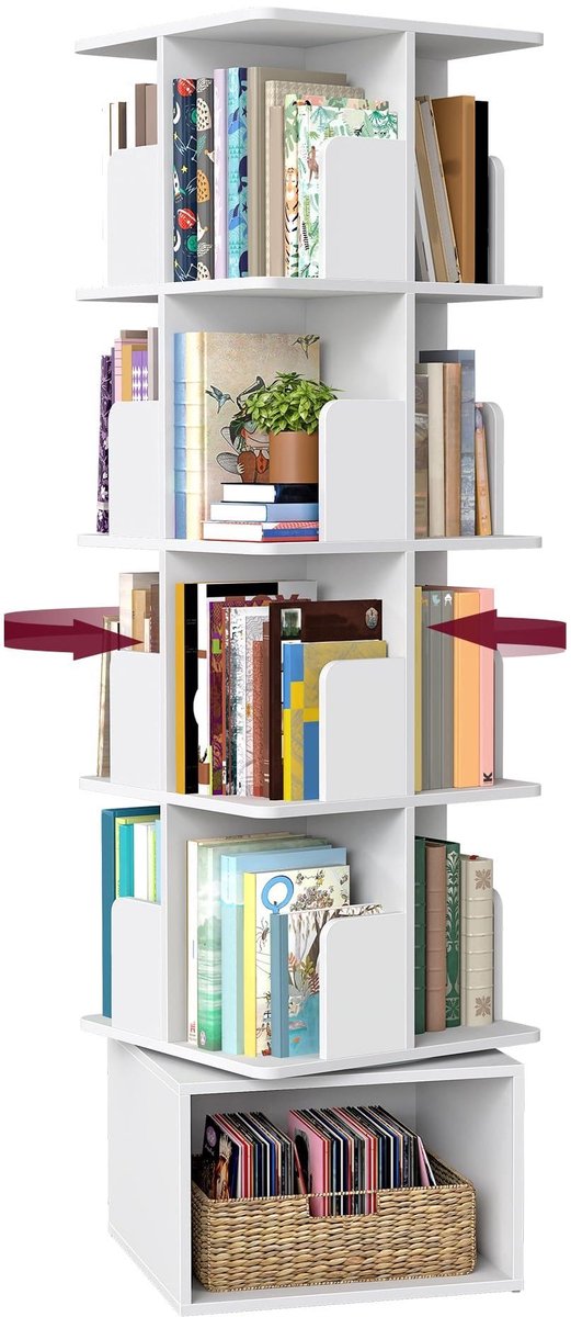 Famanu – Draaibare boekenkast, 5-laags opbergrek, vrijstaande kast met open vakken, 40 x 40 x 155,8 cm, voor slaapkamer, woonkamer en kantoor, wolkenwit