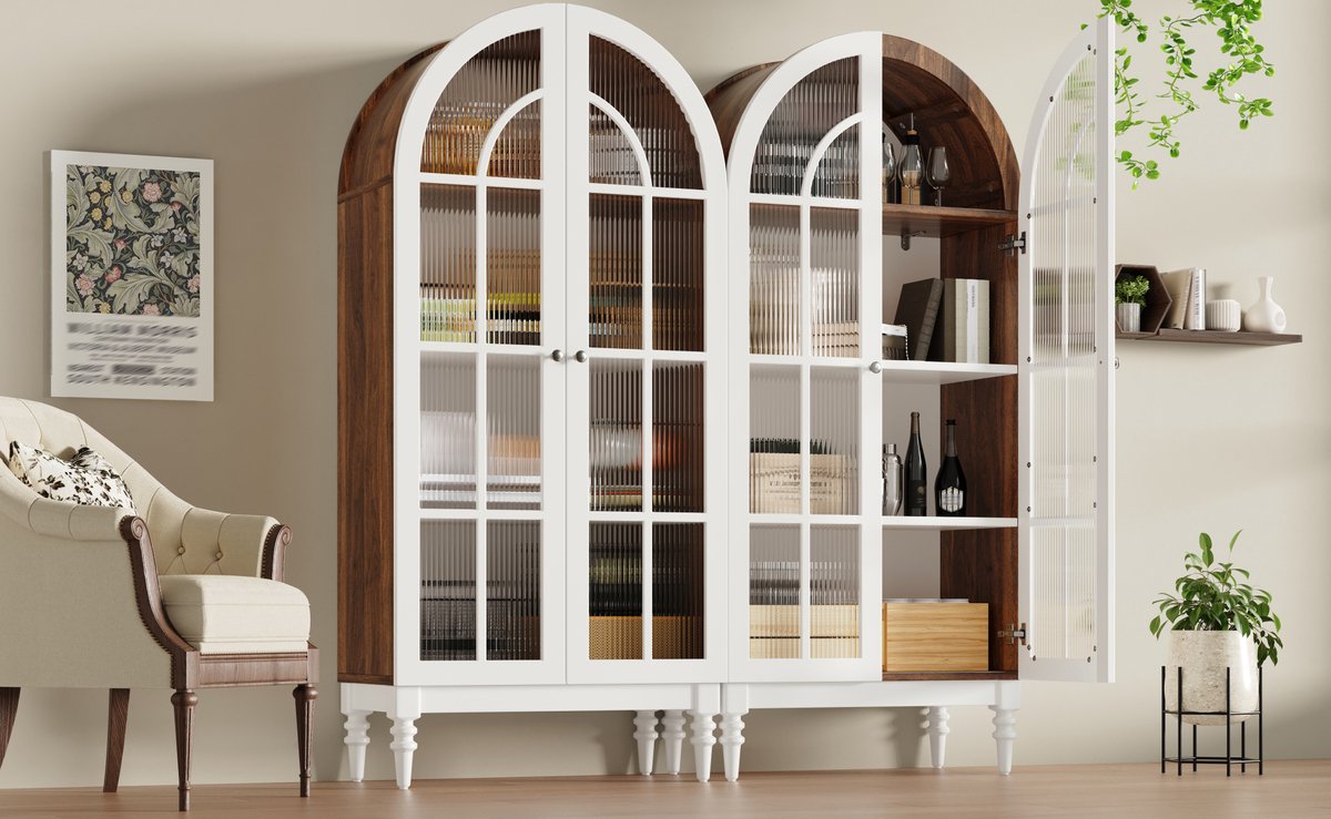 MIVRAY Vitrinekast - Boogvormige Glazen Deuren Met 3 Legplanken - Voor Woonkamer, Eetkamer En Hal - MDF En Metaal - 76x38,5x165 Cm - Wit
