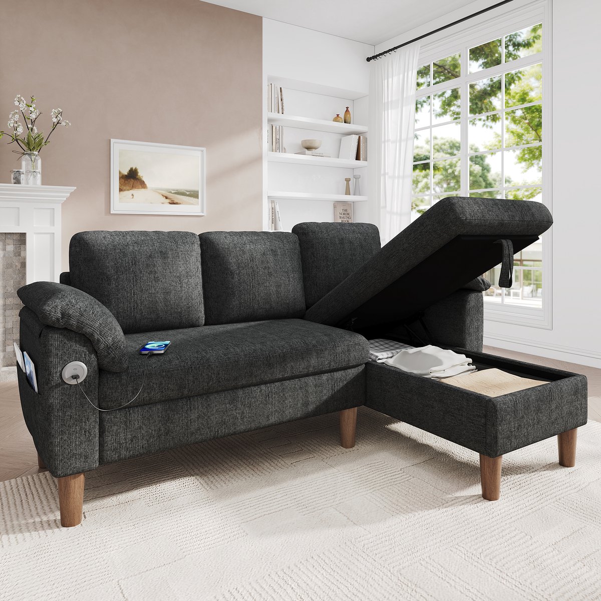 Moderne Hoekbank, L-Bank, 3-Zits Bank, L-vormige Hoekbank, 3-zits Bank Met Opbergruimte-chaiselongue, Links/rechts Monteerbaar, USB/Type-C-oplaadpoort, Zijvak, 2 Halfvaste Armleuningskussens, Chenille Stof, Donkergrijs