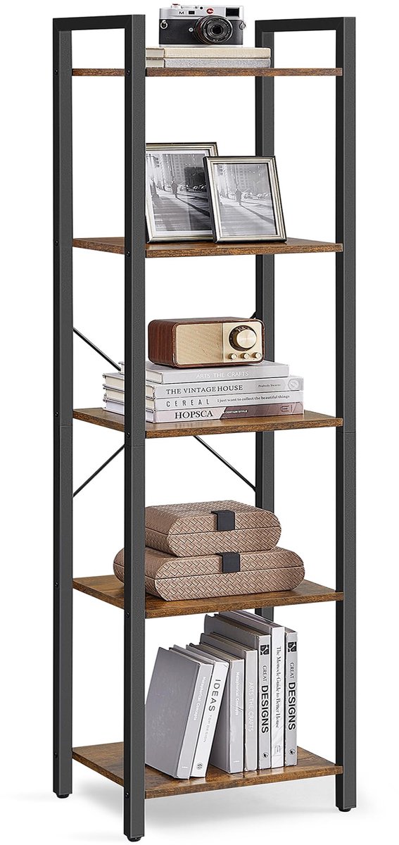 Famanu – Boekenkast met 5 niveaus, industrieel ontwerp voor opbergruimte en decoratie