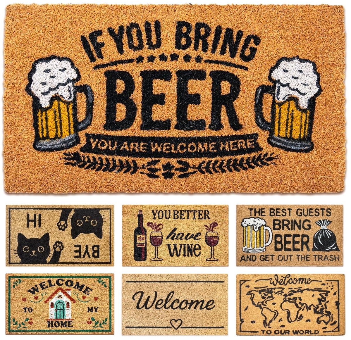Famanu Kokos deurmat voor binnen en buiten, grappig ontwerp met beer, 40 x 70 x 1,5 cm, stevige vloermat voor een vrolijke entree Zwart