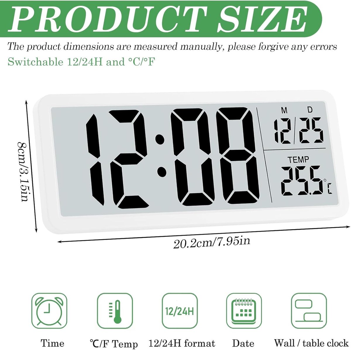 Digitale Wandklok - Wit - 20 x 8 cm - Met Temperatuur- en Hygrometerfunctie - Geschikt voor Woonkamer, Slaapkamer en Kantoor