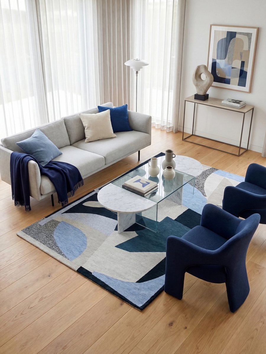 Binnen vloerkleed -140 x 200 cm - Remix Shapes 9369 White/Blue laagpolig tapijt - Made In Belgium