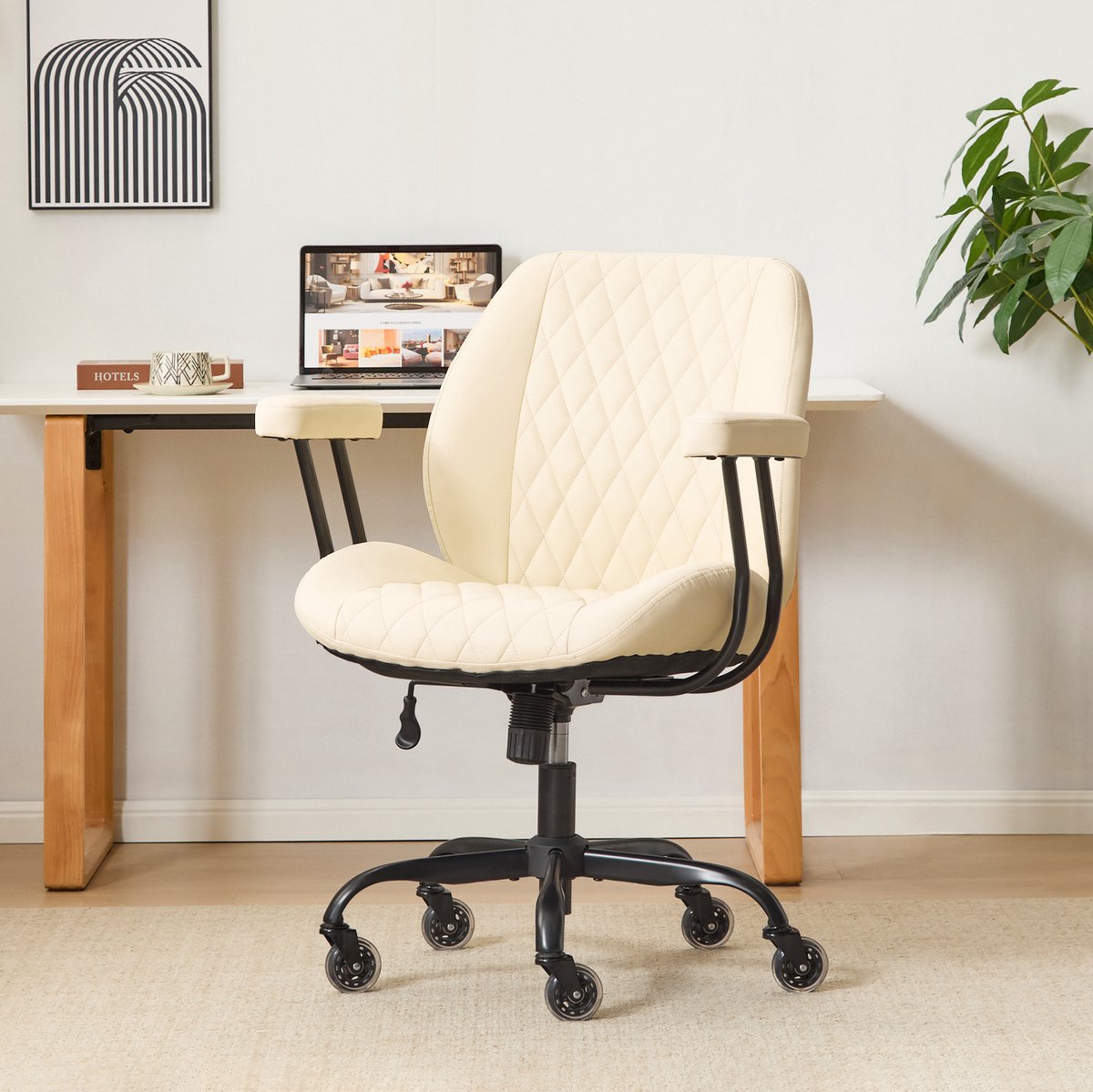 OKWISH Bureaustoel – Verstelbare Zithoogte En Rugleuning – Ergonomisch Met Wielen En Armleuningen – Voor Kantoor En Thuis – Leer – Wit
