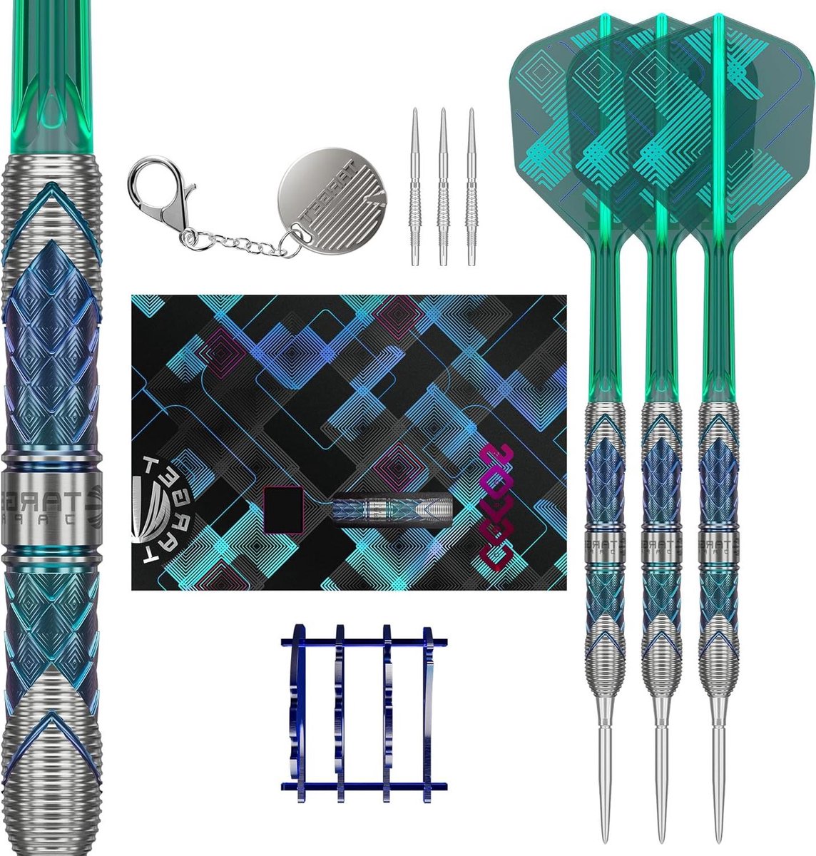 Dartset Wolfraam - Stalen Pijl Set - Precisie Werpen - Swiss Point Systeem - 22 Gram - Blauw Groen