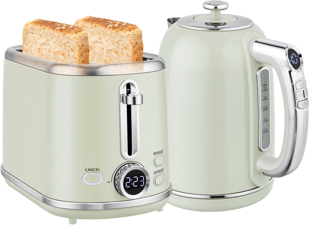 ECTEATOY® Ontbijtset - Waterkoker 1,7L 2200W met Temperatuurregeling & Broodrooster 2 Sneden - Keukengerei set - RVS - Grijs