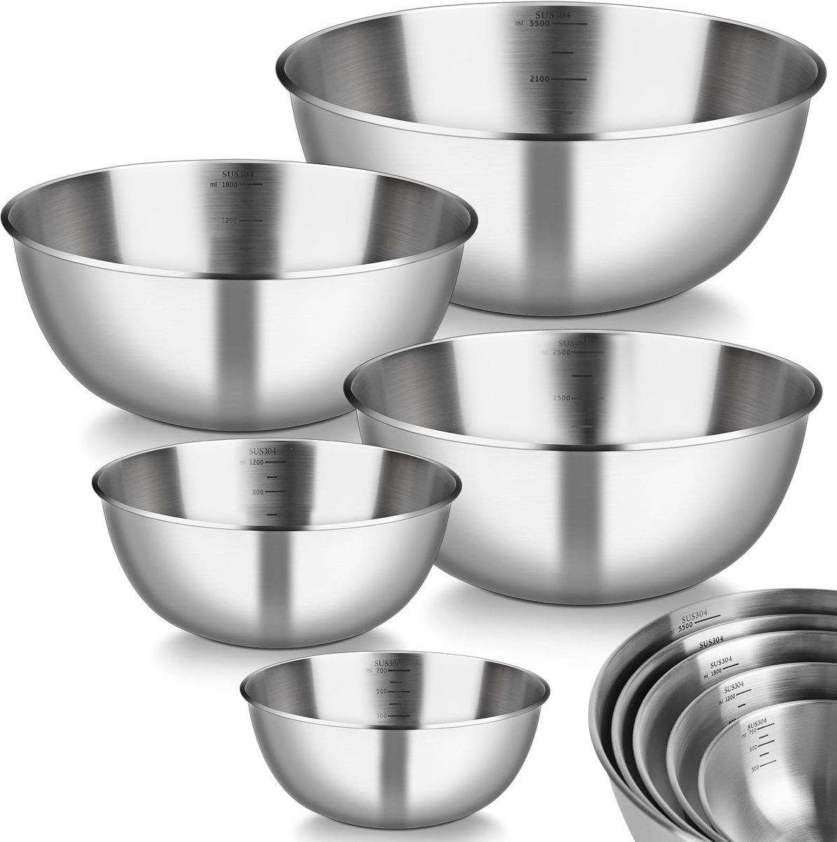 Famanu – Set van 5 roestvrijstalen slakommen, stapelbaar (0,7 L / 1,2 L / 1,8 L / 2,5 L / 3,5 L), vaatwasmachinebestendig, perfect voor bakken en bereiden