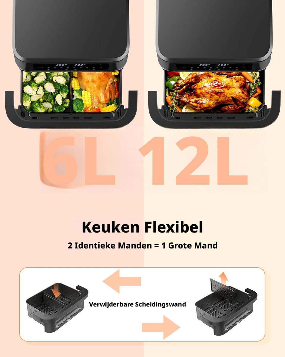 WELLENT Dubbele Airfryer - 2x6L - 12 liter - 2 manden - Airfryer XXL - Touchscreen - Kijkvenster - 8 programma's - 2950W thumbnail 5