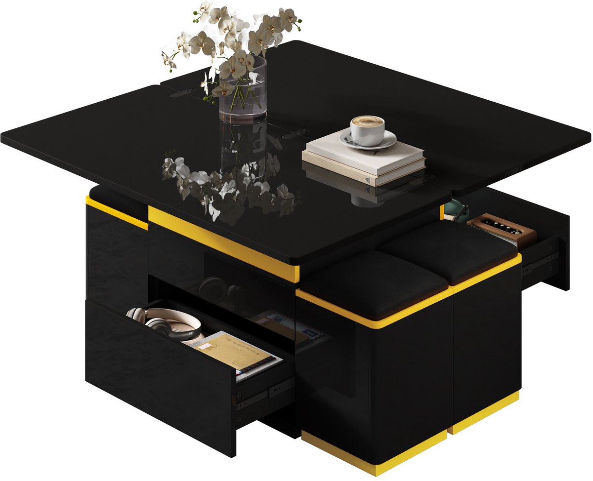 Merax Multifunctionele Zwarte Salontafel met 4 Krukken en Opbergruimte – Uitklapbaar en In Hoogte Verstelbaar – 100 x 50 x 43 cm