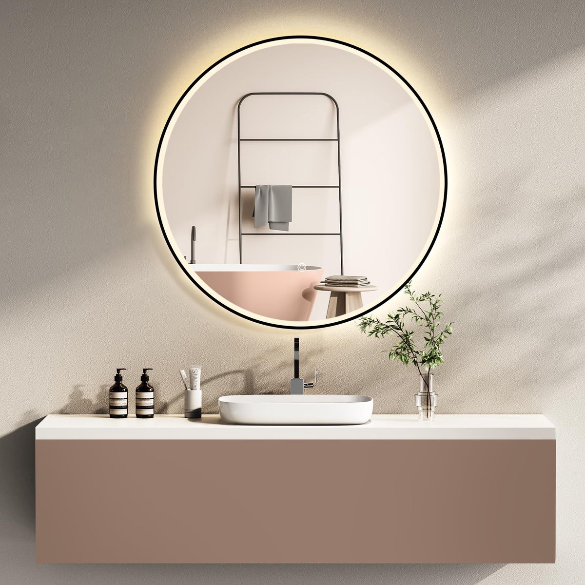 HOKO® Design Ronde LED 80cm Badkamerspiegel met Metaal Frame zwart, Touch Schakelaar+Geheugen+Energiezuinig LED Licht - ShopVlot