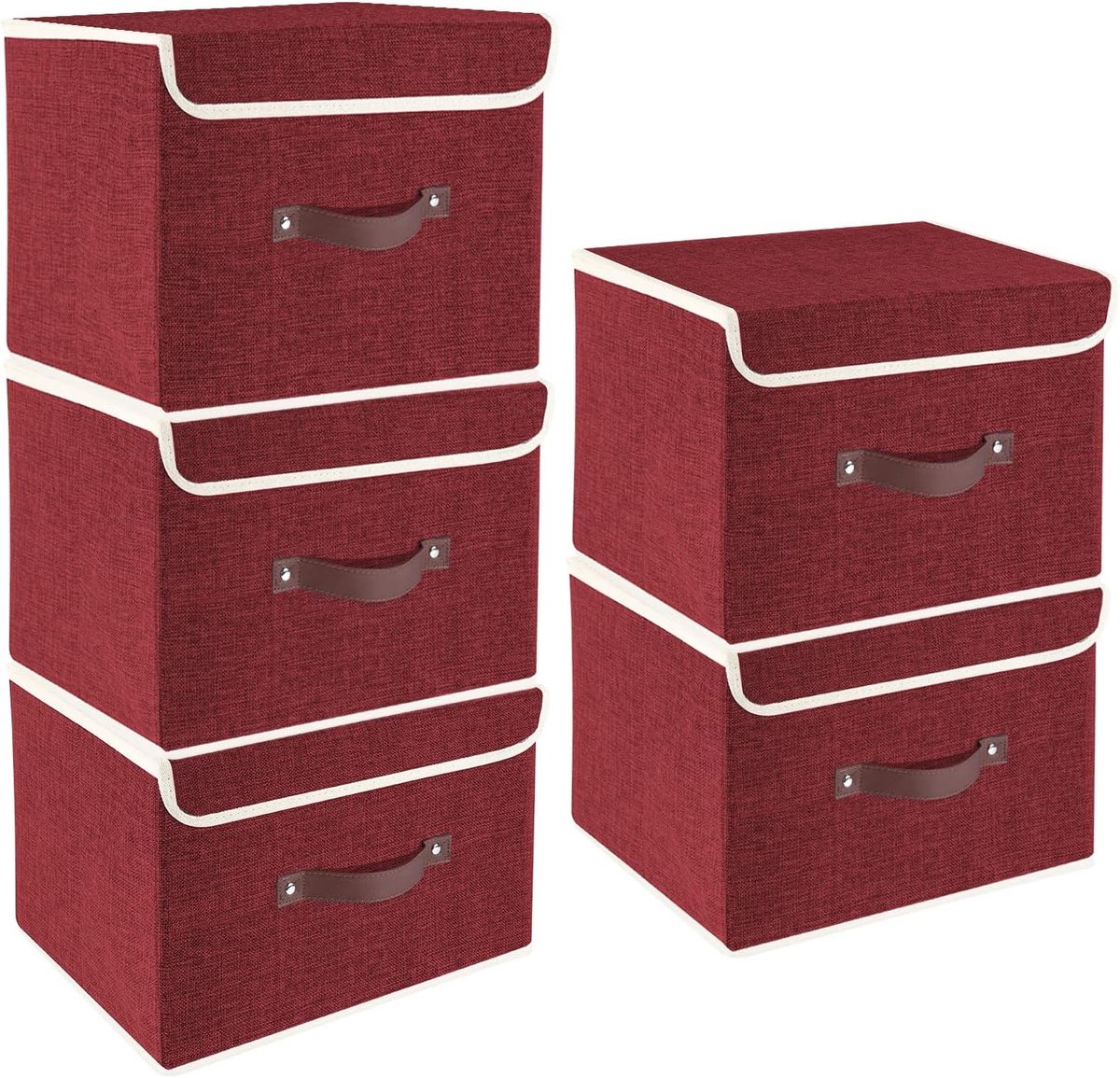Vouwbare Opbergdoos met Deksel, Wasbaar Textiel, Set van 5, 38x25x25cm, Ideaal voor Organisatie en Ruimtebesparing, Rood-Wijnkleur