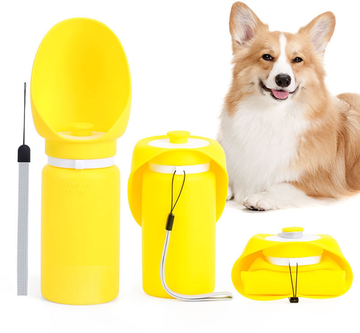 Lekvrije Honden Drinkfles 550ml - Draagbaar Reis Waterbakje Voor Wandelen, Fietsen en Uitjes-Compact Honden Waterflesje Met Opvouwbare Drinkbak, Geel
