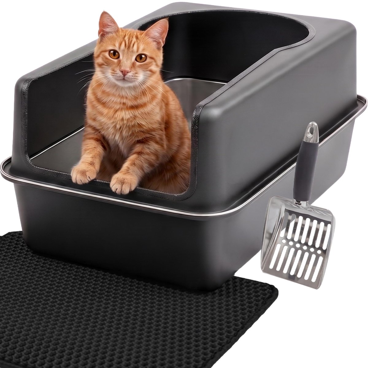 Famanu – Kattenbak van roestvrij staal XXL in zwart, gemakkelijk schoon te maken, geurvrij en lekvrij, 38L inhoud, met hoge rand, schep en gritopvangmat, 60,5 × 40,5 × 29 cm