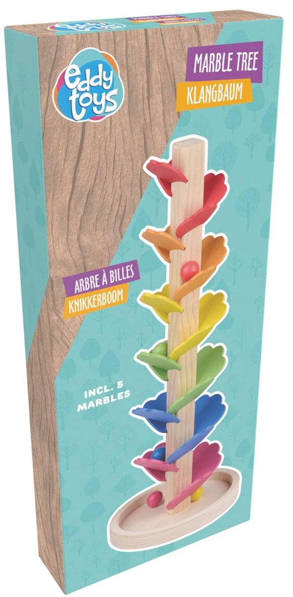 Eddy Toys Knikkerboom - Houten Knikkerbaan met Kleurrijke Bladeren - Inclusief 5 Knikkers - Zelf te Monteren Knikkerboom met Klankeffect