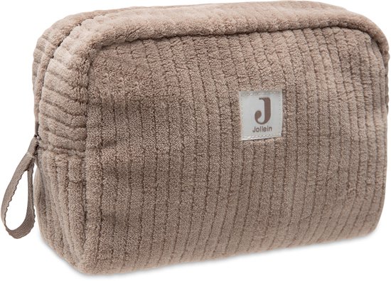 Bruine ribcord toilettas van Jollein met label.
