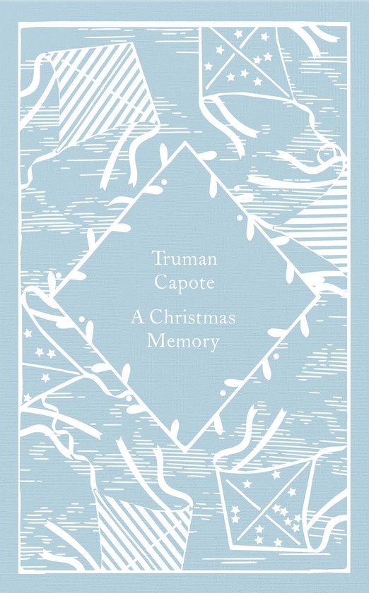 Boek kaft: Truman Capote A Christmas Memory in lichtblauw met witte illustraties van vliegers en slingers.