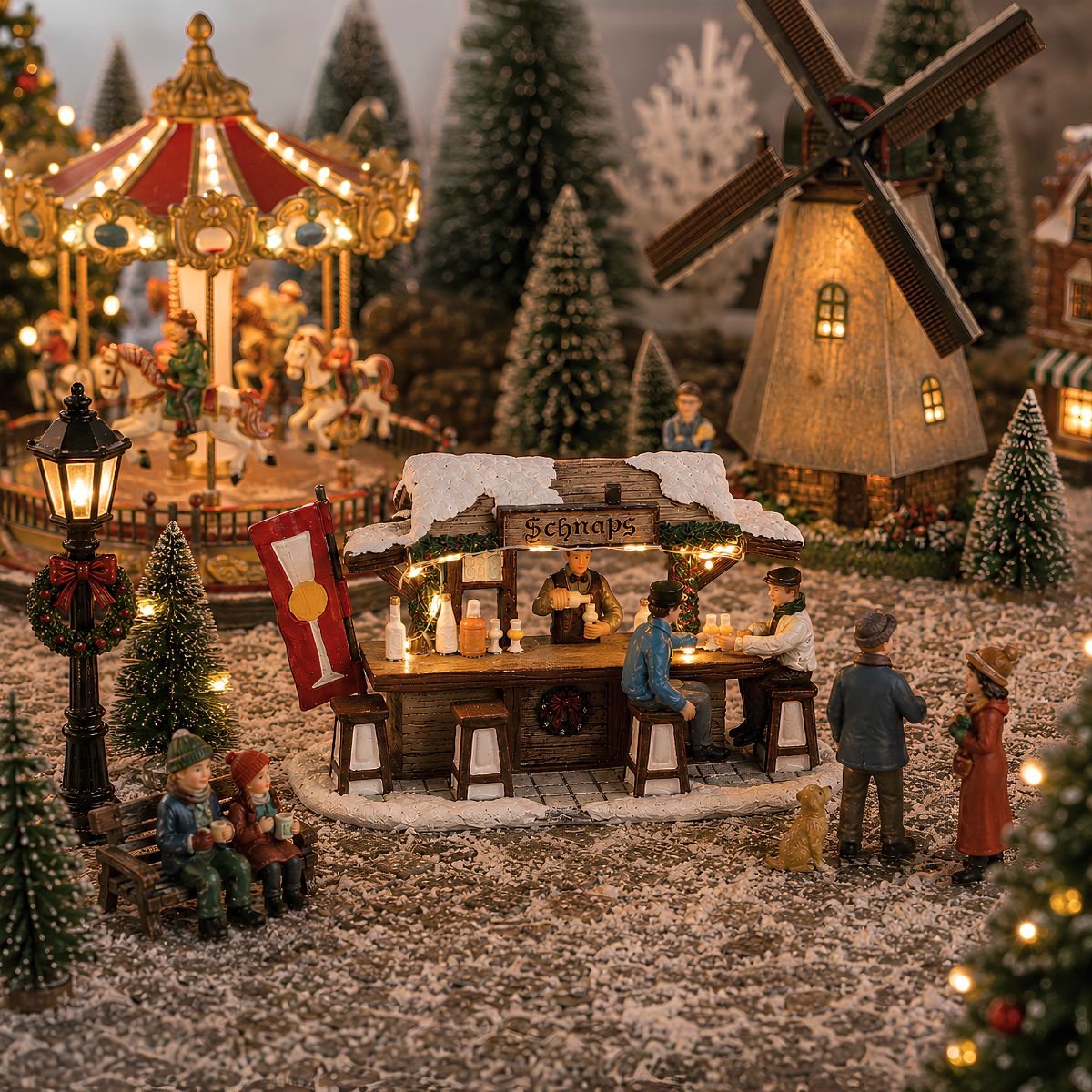 Luville Kerstdorp Miniatuur Schnaps Markt - Kerstversiering met Verlichte Schnapskraam - Guirlande voor je Kerstdorp - Kerstslingers met Proostende Figuren - L16 x B8 x H9 cm – foto 7