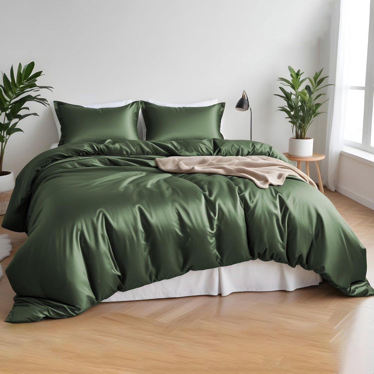 Famanu Complete beddengoedset van 100% biologisch bamboe, zacht en verkoelend, met dekbedhoes, hoeslaken en kussenslopen, superkingsize, avocadogroen