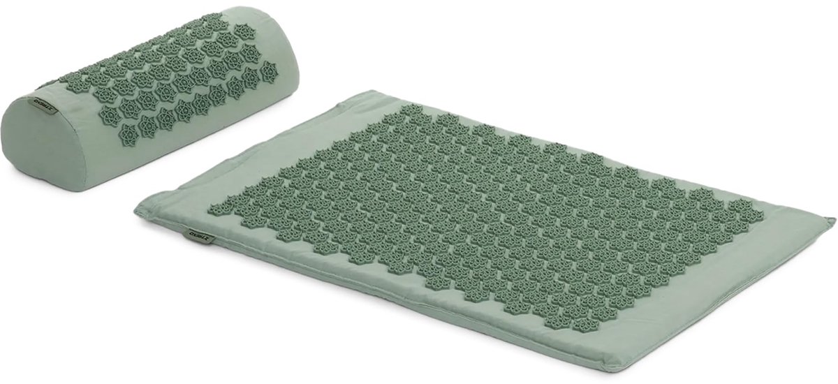Famanu – Acupressuurmat met kussen, 38 x 15 x 10 cm groen, matgrootte 68 x 44 x 2 cm, katoen met -spikes voor ontspanning en betere slaap