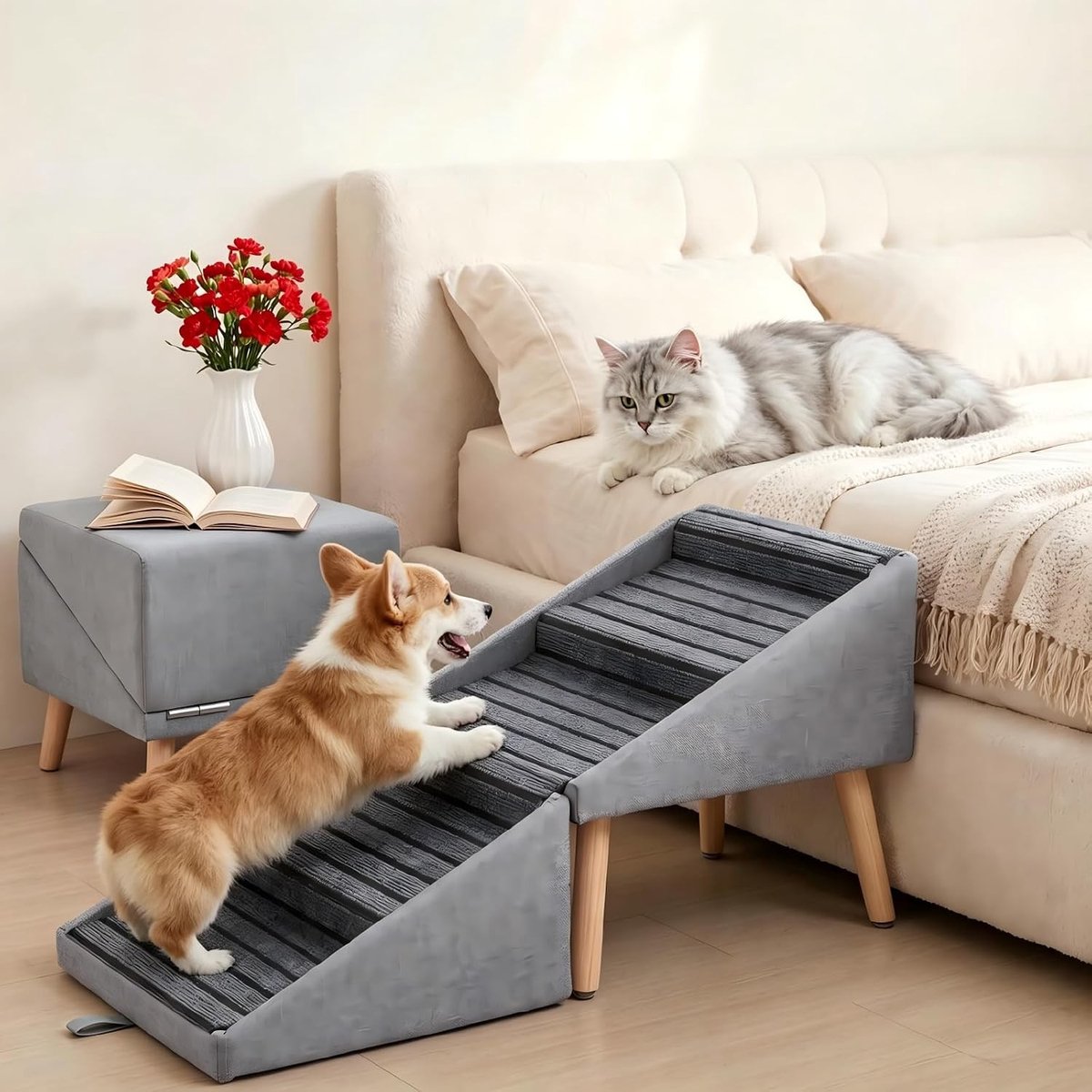 Hondentrap - Lichtgrijs - 42,5 cm hoog - Vouwbare Houten Trap voor Kleine Honden en Katten