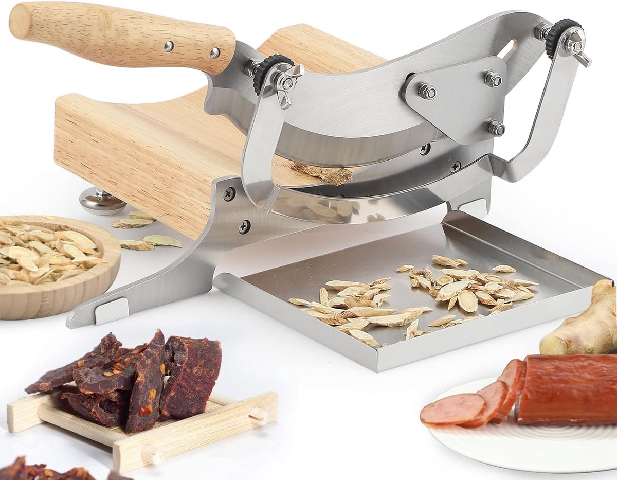 Famanu – Handmatige biltong slicer voor het snijden van rundvlees en jerky, verstelbare dikte tot 0,5 inch met houten basis, ideaal voor kruiden en ginseng