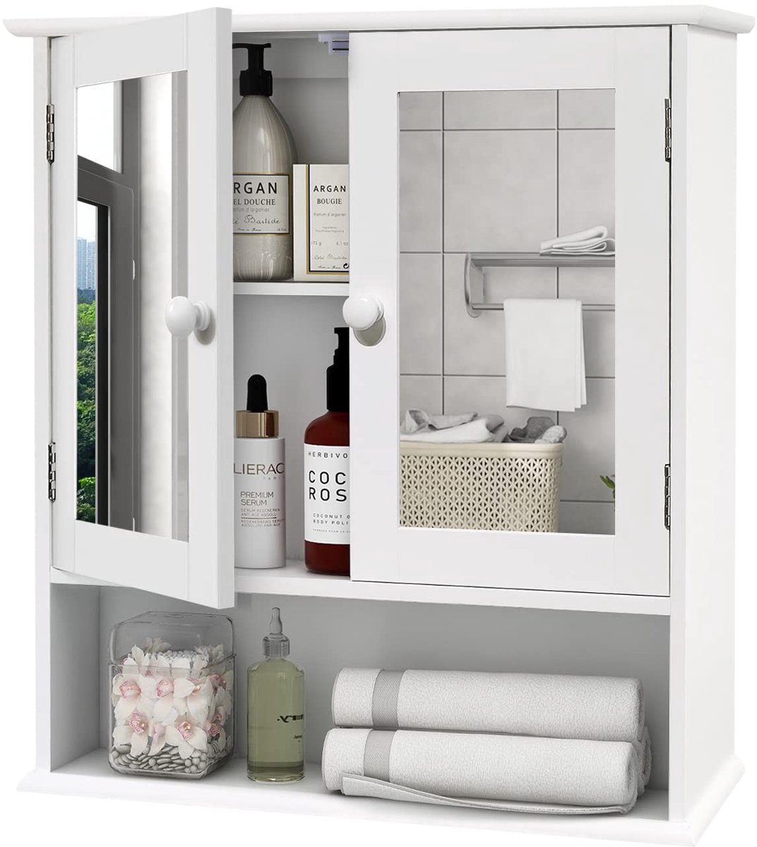 Famanu – Hangende spiegelkast voor de badkamer met 2 deuren, afmetingen 13x56x58 cm, witte kleur, ideaal voor het opbergen van badkameraccessoires