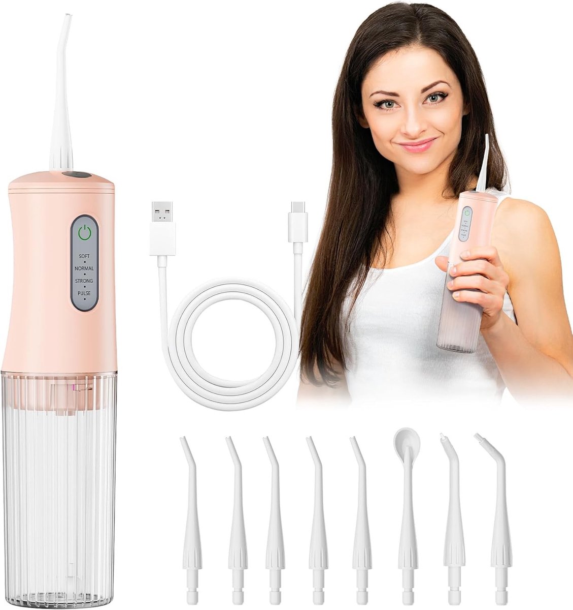 Draadloze Waterflosser voor Tanden - Elektrische Tandirrigator met 4 Reinigingsmodi, 8 Spuitmonden, IPX7 Waterdicht en Oplaadbaar Ontwerp voor Thuis en Reizen, Roze