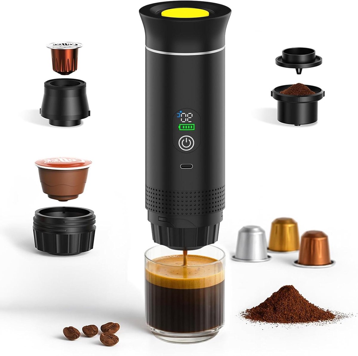 Draagbare Koffiemaker Espressomachine Elektrisch Koffie Onderweg Zelfverwarmend USB-C 80ml Tank Zwart